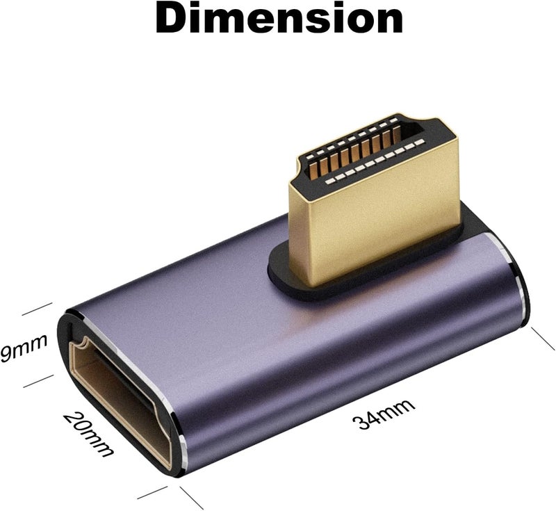 AreMe 8K HDMI 2.1 Right Angle Adapter (2 Pack), Left&Right 90 Degree and 270 Degree HDMI Male to HDMI Female Extender Connector Aluminum Alloy (34 * 24 * 9MM) - Image 2